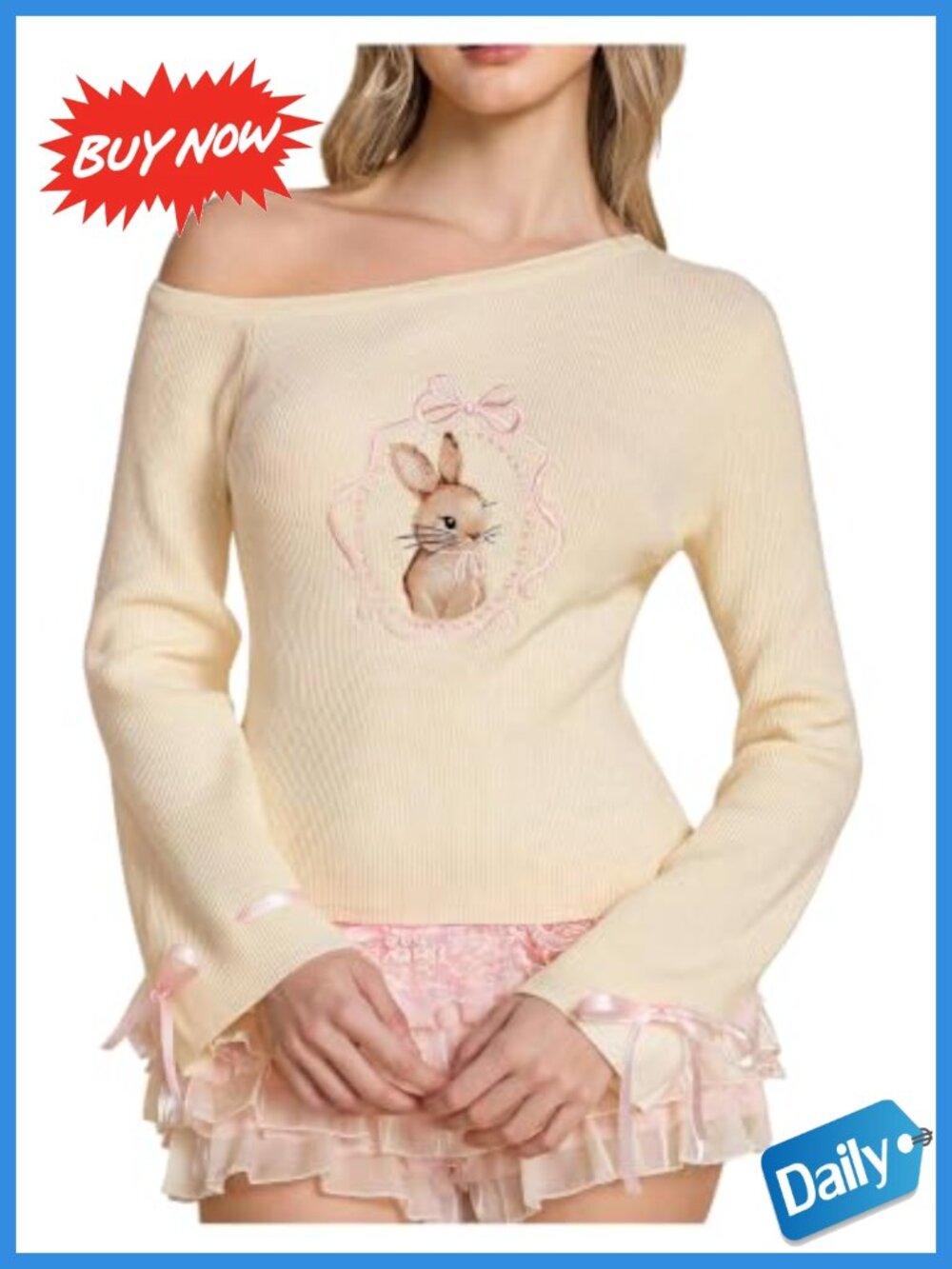 Off Shoulder Bow Knit Pullover Sweater Lightweight Long Sleeve
